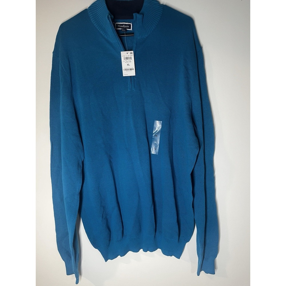 Club Room Mens Solid 1/4 Zip Sweater Turquoise Teal blue Birdseye Waffle Knit XL